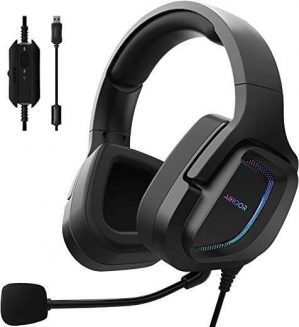 AIHOOR Wired Gaming Headset with 7.1 Surround Sound, Detachable Mic, in-Line Volume & Mute Control, RGB LED Lights, Protein Earmuffs, Over-Ear…