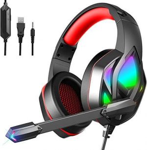 Donerton Gaming Headset, Over-Ear Gaming Headphones with Noise Canceling Mic, Stereo Bass Surround Sound, Soft Memory Earmuffs LED Light PS4 Gaming…