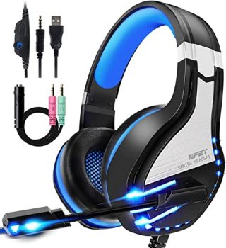 NPET HS10 Stereo Gaming Headset for PS4 PC Xbox One PS5 Controller, Noise Cancelling Over Ear Headphones with Mic,LED Light, Bass Surround, Soft…
