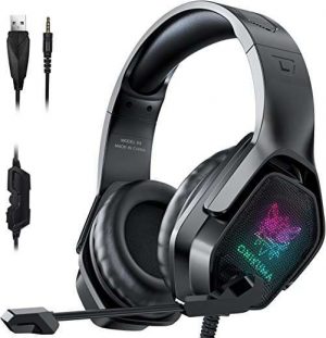 Gaming Headset with Microphone, Noise Canceling Headphones with 3D Surround Sound Stereo, Soft Earmuff & RGB LED Light, Over-Ear Game Headphones…