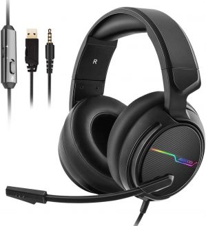 Jeecoo V20 Stereo Gaming Headset for PS4 PS5 Xbox One – Over Ear Headphones with Noise Cancelling Microphone – LED Light Soft Earmuffs for PC…
